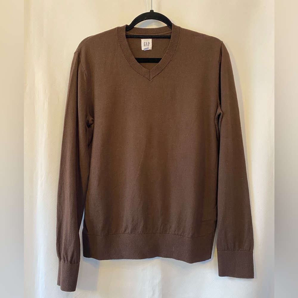 Gap Men's Core Chocolate Brown 100% Cotton V-Neck Sweater Small Preppy Academia